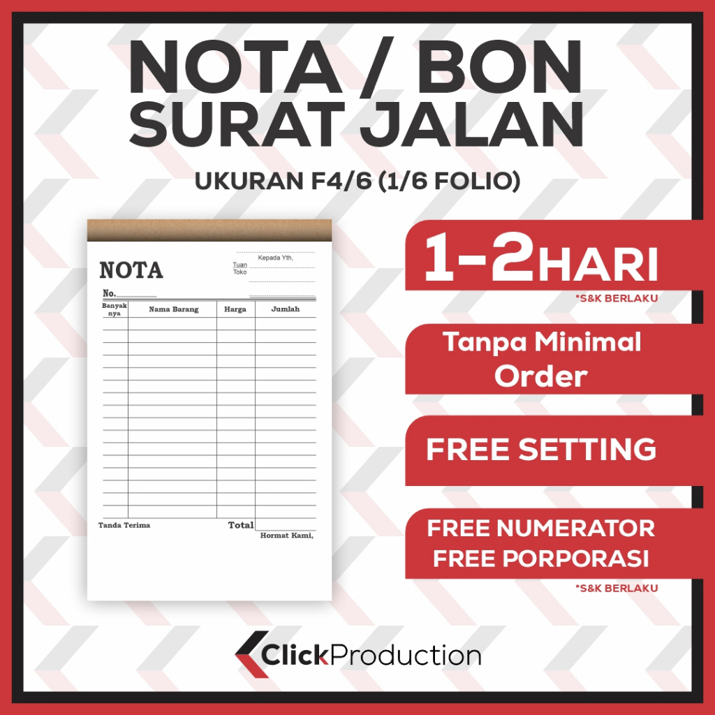 

NOTA / BON / SURAT JALAN COSTUME TANPA MINIMAL ORDER, UK.F4/6 (10,5X11cm)