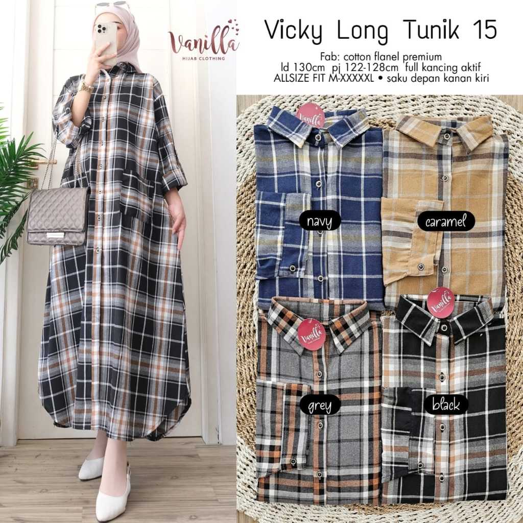 LONG TUNIK JUMBO LD 130 KATUN FLANEL MOTIF KOTAK KOTAK TERBARU PAKAIAN WANITA BAJU ATASAN LENGAN PAN