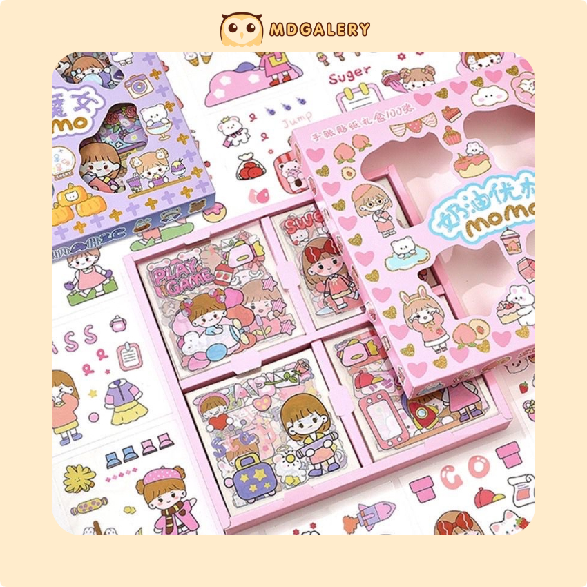 

MDGalery - 100 Lembar Sticker Waterproof Motif Korea Lucu Sticker Momo Anti Air Dapat Box
