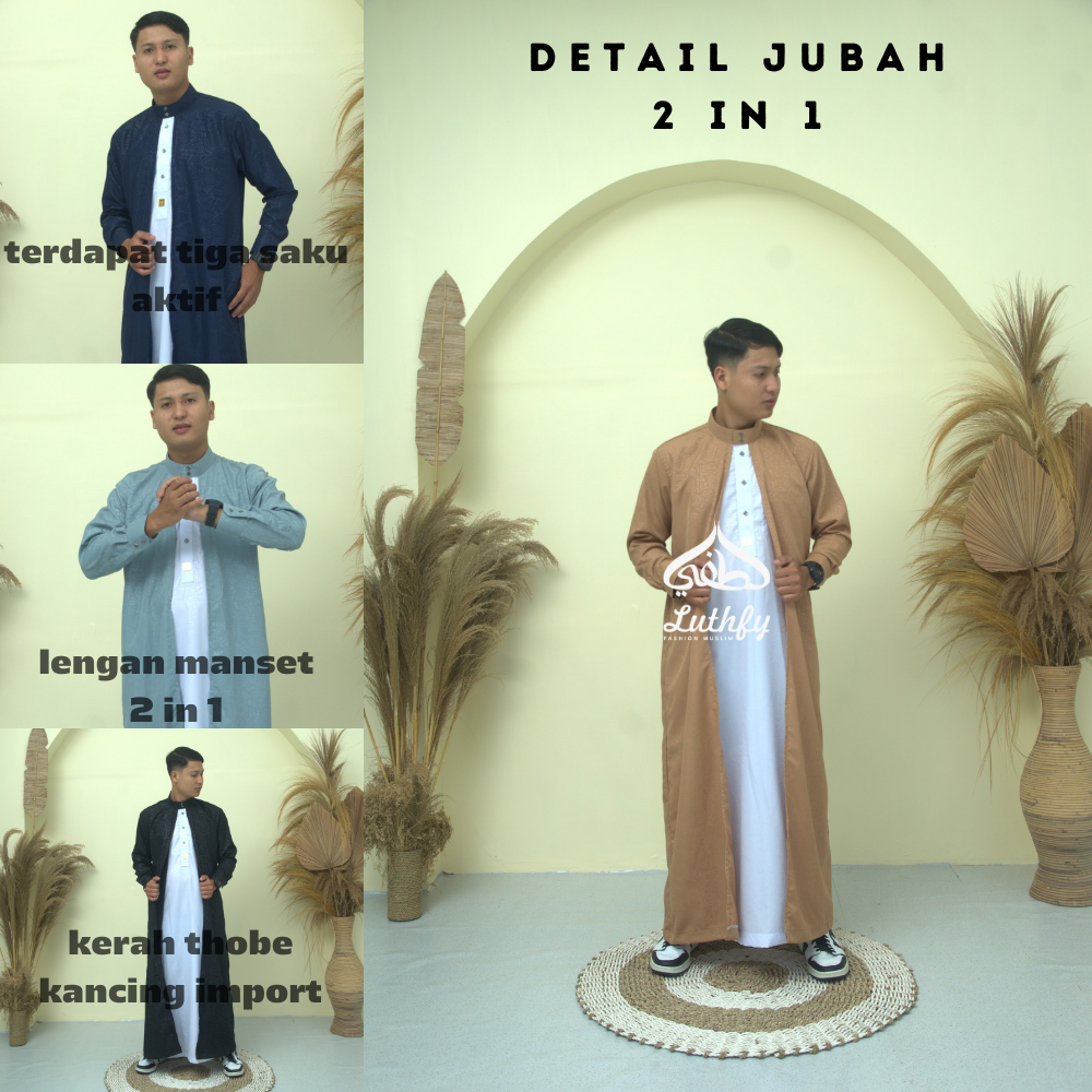 Jubah Gamis Pria Laki Laki Dewasa Cowok Remaja Model Haromain Motif Embos Lengan Panjang Kancing Sna