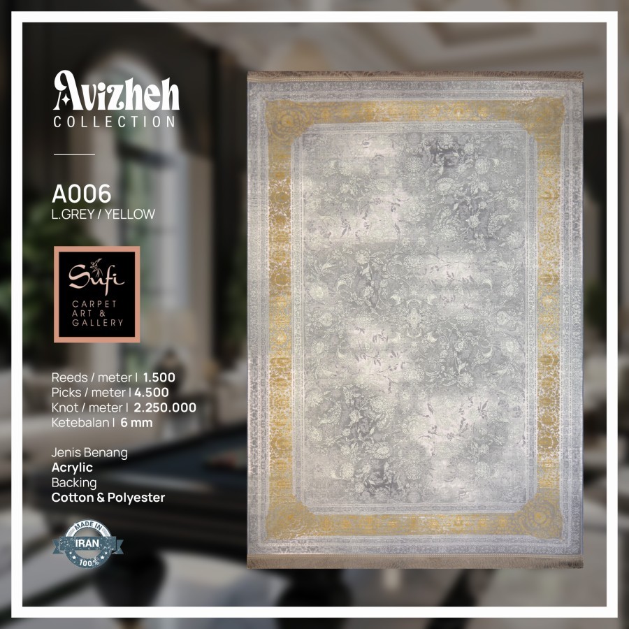 Karpet Lantai Tebal Premium Iran Avizheh A006 L.Grey Yellow 150x230