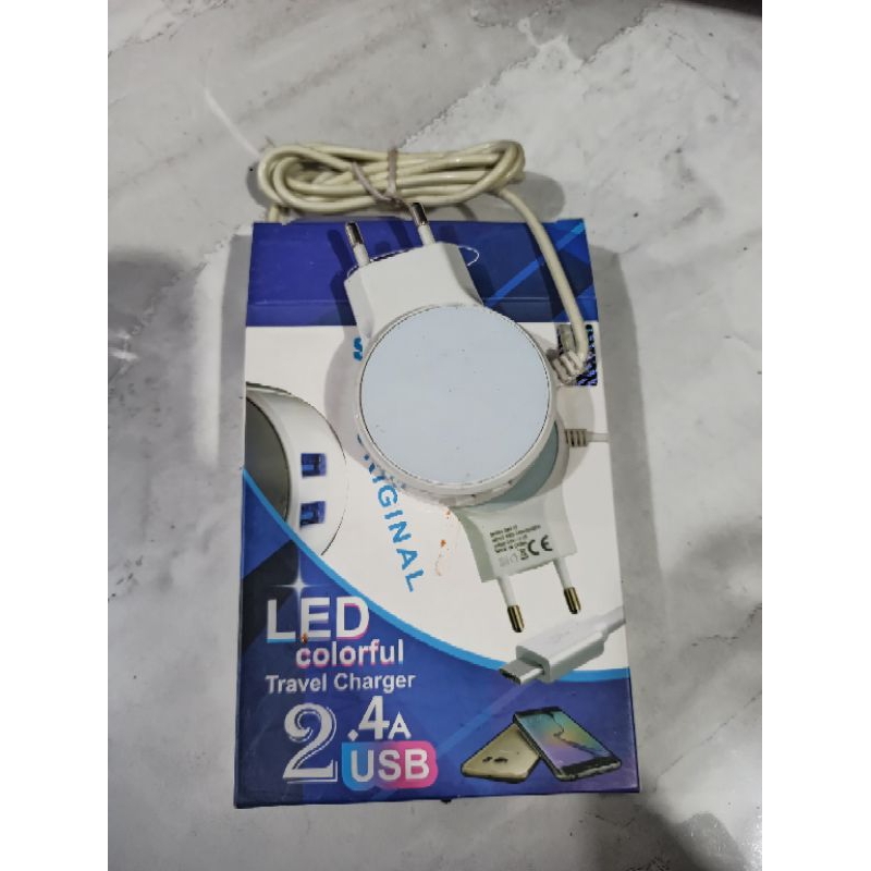TRAVEL CHARGER (S) LED BULAT 2.4A + 2 USB PORT KABEL MICRO CAS CASAN HP HANDPHONE COLORFULL LED ANDR