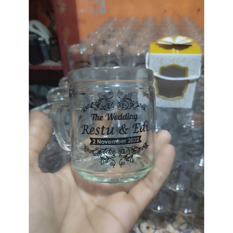gelas  gagang, souvenir pernikahan, souvenir gelas sablon