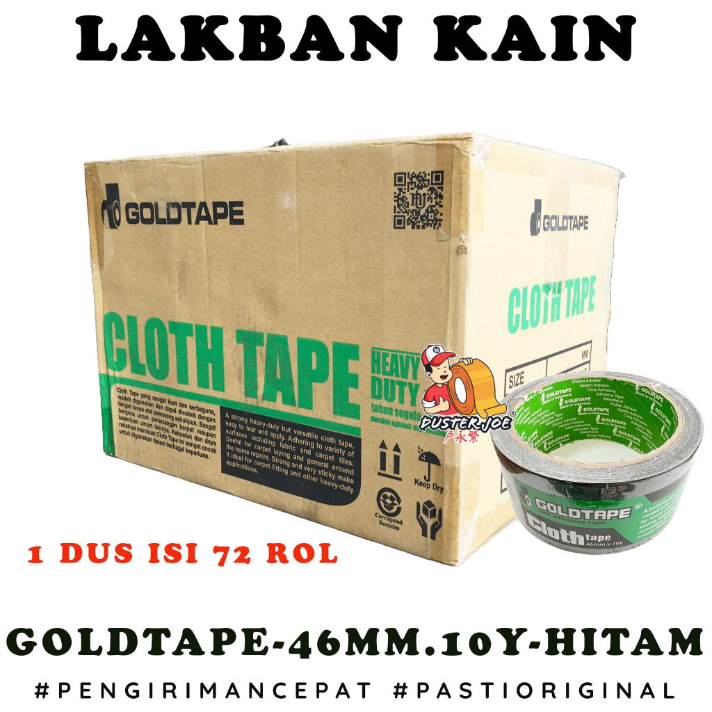 

Arm [PER 1 DUS] Lakban kain hitam 2 inch 46MM 10 Y CLOTH GOLDTAPE (1 DUS ISI 72 ROL)