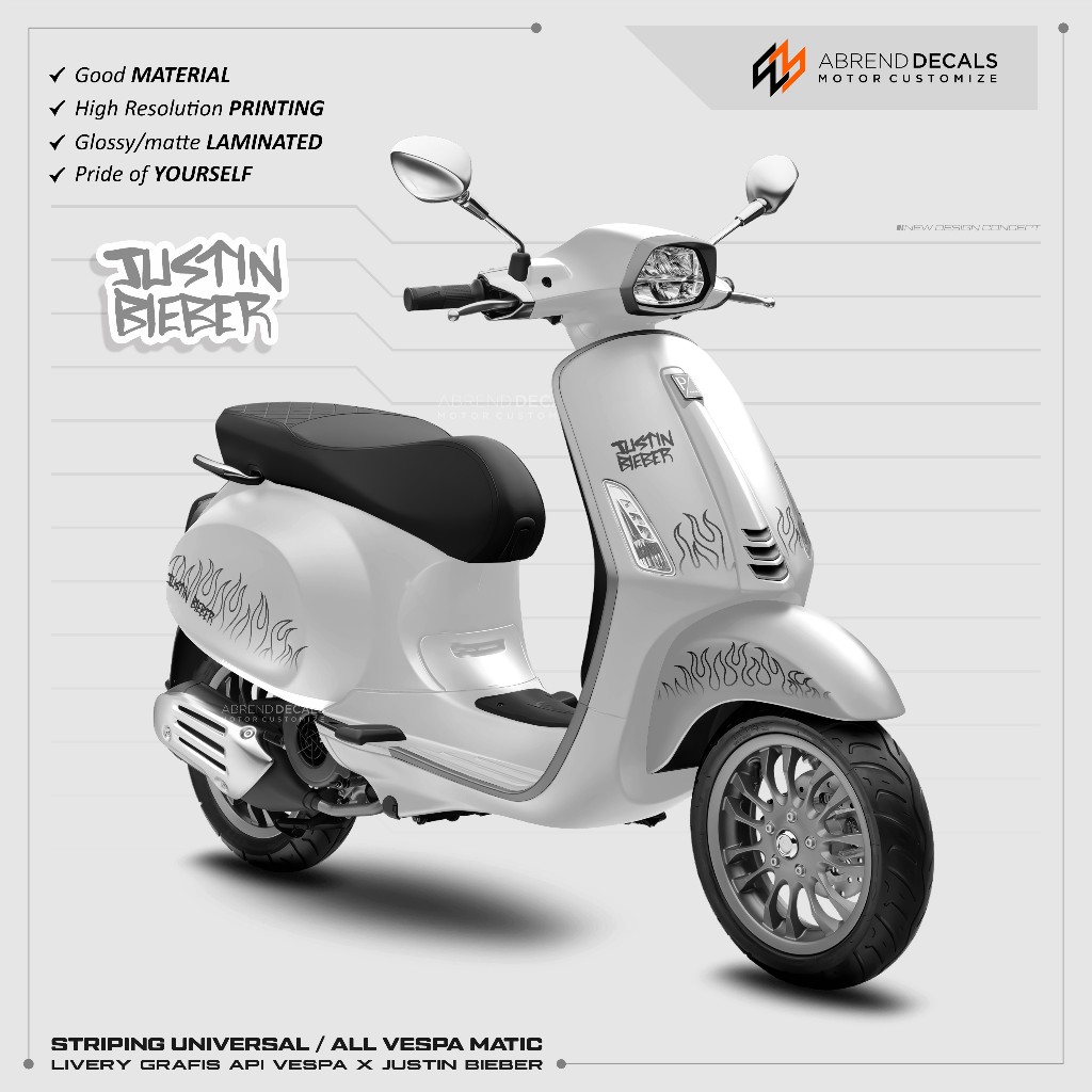 ABREND DECAL - STRIPING VESPA API JUSTIN BIEBER / STIKER MOTOR SEMUA TIPE VESPA SPRINT MATIC GRAFIS 