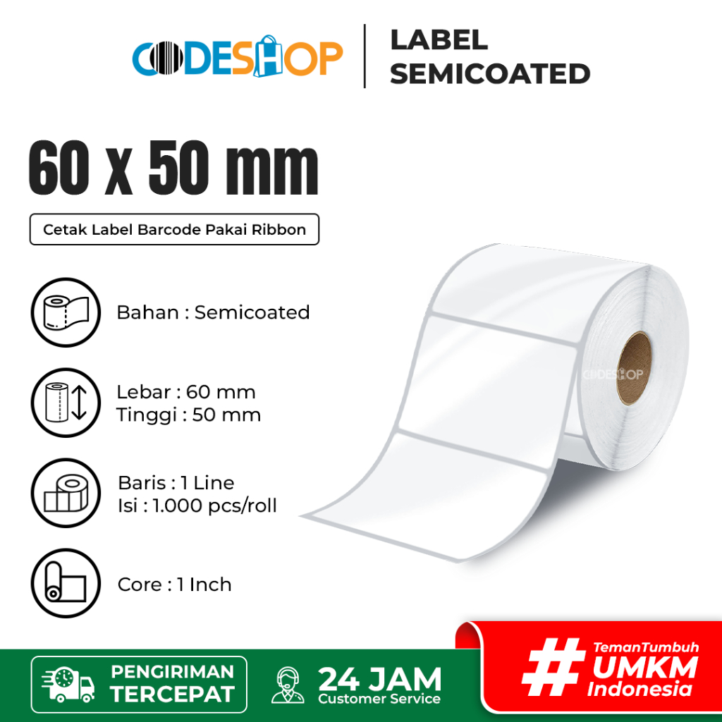 

Label Stiker Barcode 60 x 50 mm Semicoated Core Kecil 1000 pcs