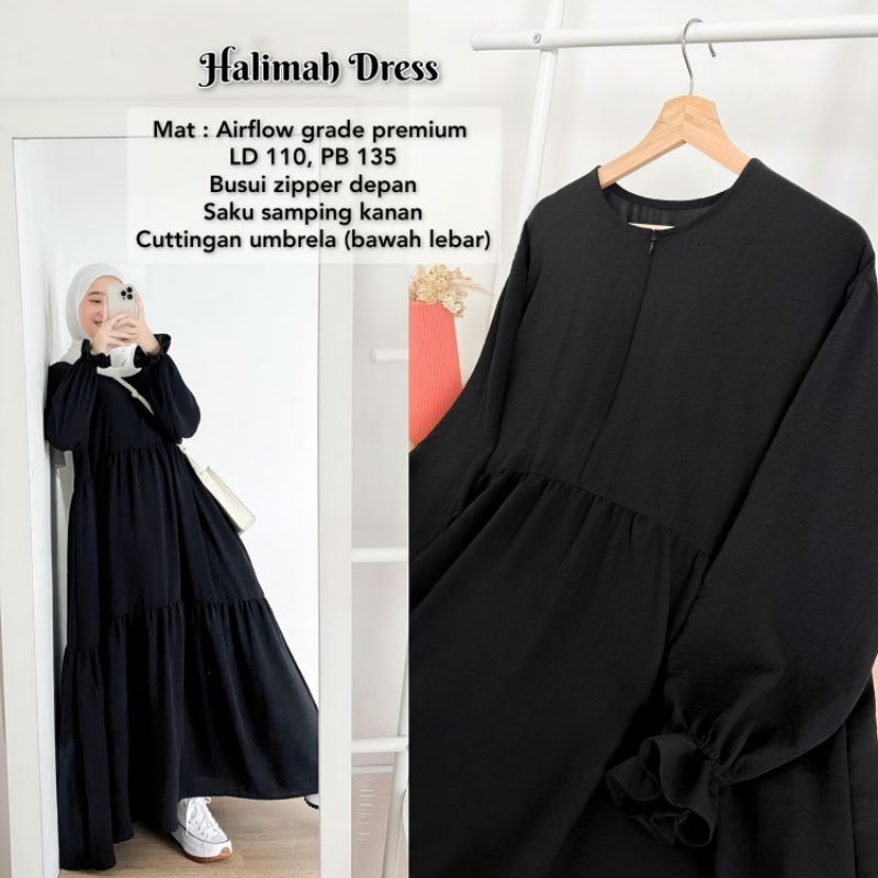 Halimah Dress Hitam Polos By Zeline-Dress Polos Hitam Korean Style-Dress Crinkle Airflow Import Blac