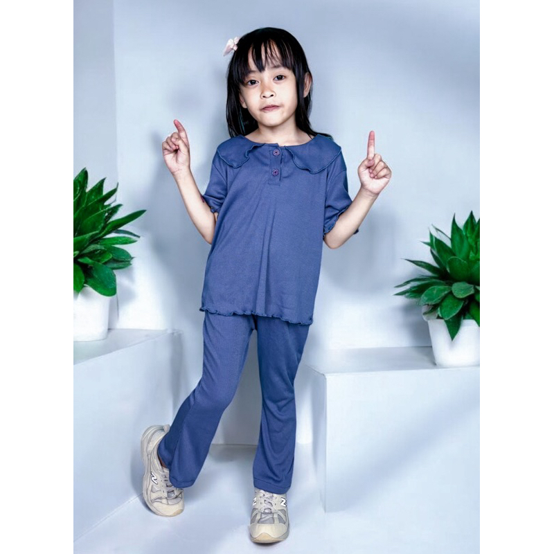 Clover one set anak perempuan azquera knit denim | Setelan anak perempuan knit