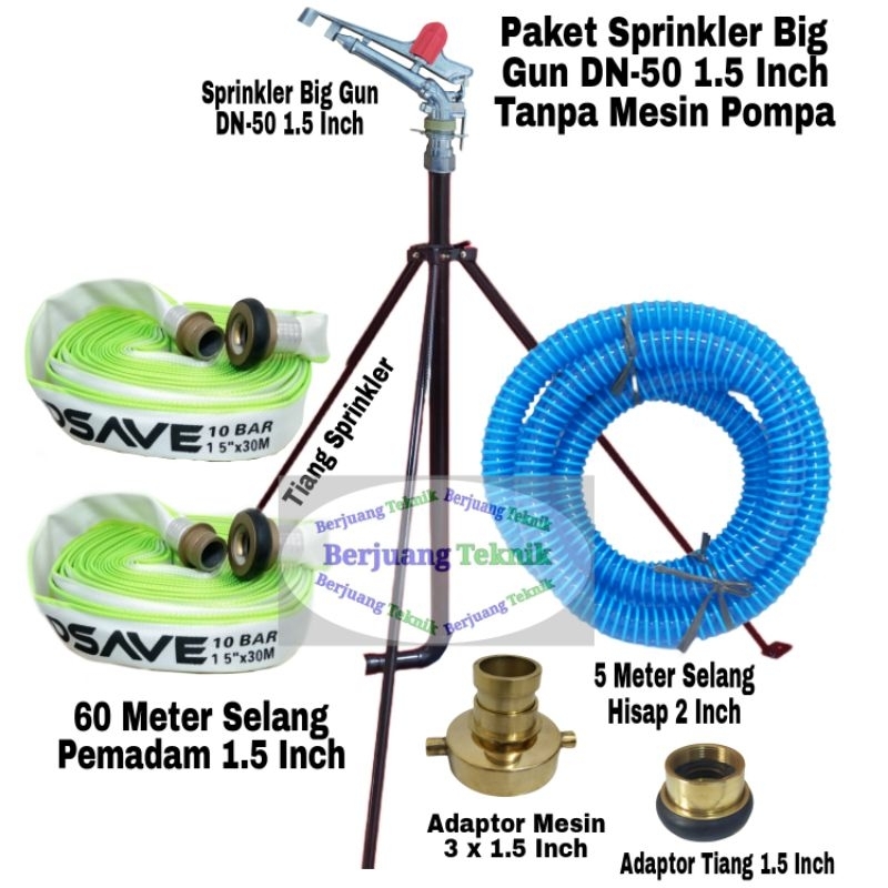 Paket Sprinkler Big Gun DN-50 1.5 Inch jarak tembak 25-30 meter Komplit Selang Pemadam 60 meter, Tia