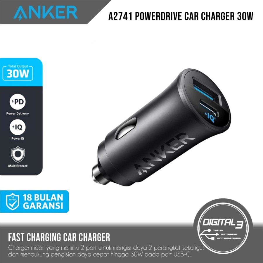Anker PowerDrive 30W Car Charger Mobil Dual Port Fast Charging PPS for iPhone Samsung - A2741