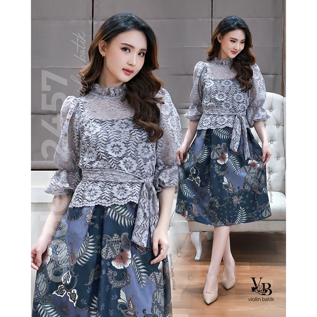 Violin Batik Dress Satin Outer Brokat Puff 2457