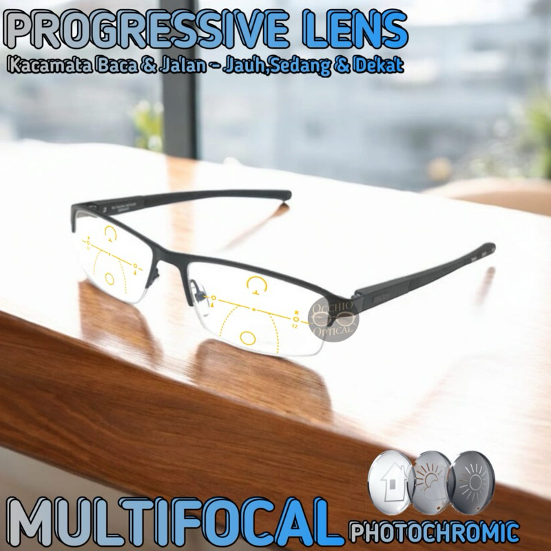 Kacamata Baca Progresif Photochromic Sporty Pria |Kacamata Sporty Double Focus| Half Frame