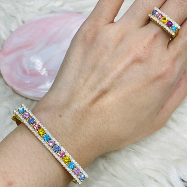 gelang dan cincin pastel rainbow permata elegant uk 15 emas asli kadar 700