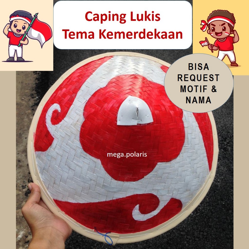 Caping Bambu Motif Kemerdekaan, Topi Caping Petani Untuk Karnaval Agustusan, Tudung Tani Merah Putih