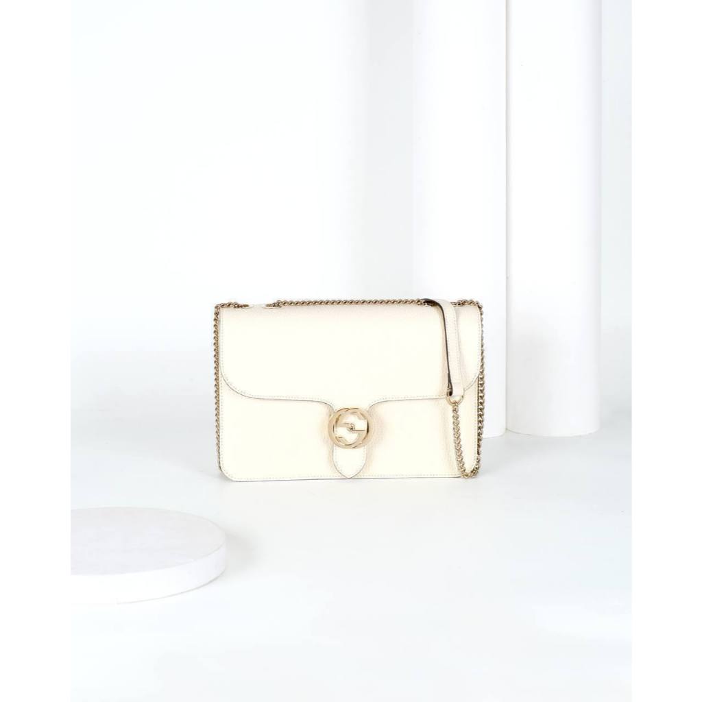 Gucci GG Interlocking Flap Bag Medium With Chain White