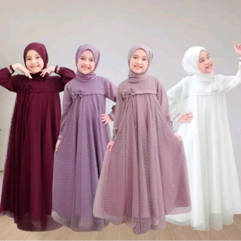 GAUN DRESS ANAK TERBARU - GAUN DRESS MISHA KIDS 3-13 TAHUN - CRYNCLE KOMBINASI BROOKAT TILE DOT