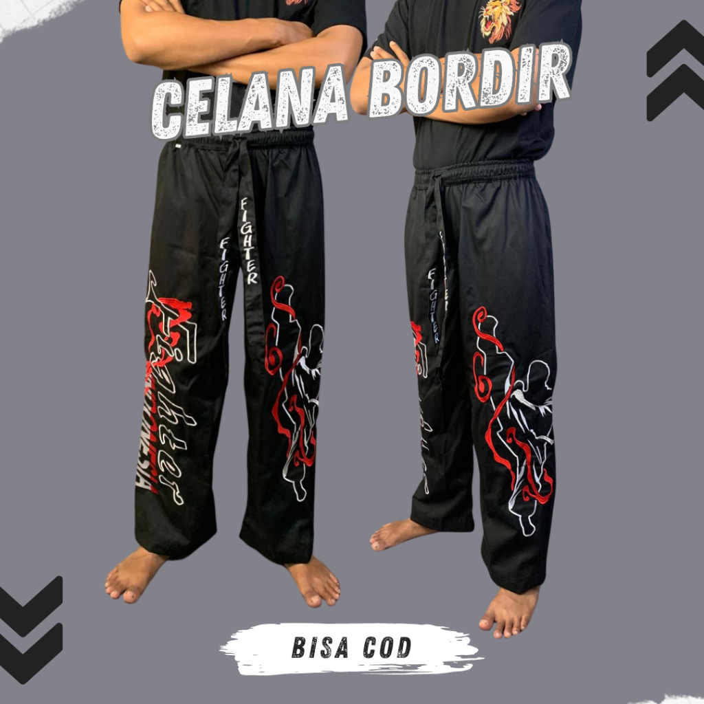 Celana Silat Bordir Komprang Panjang Hitam Pangsi Kombor Motif Untuk Latihan Pria Anak Laki Laki Cow