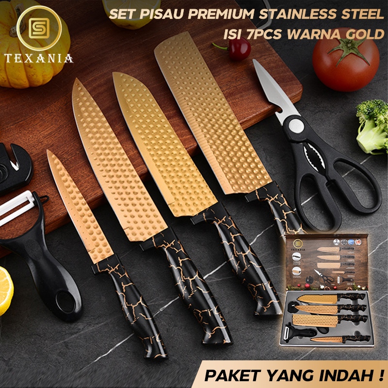 KUALITAS TERBAIK✨7PCS✨TEXANIA Set Pisau Premium Stainless Steel isi 7pcs Warna Gold