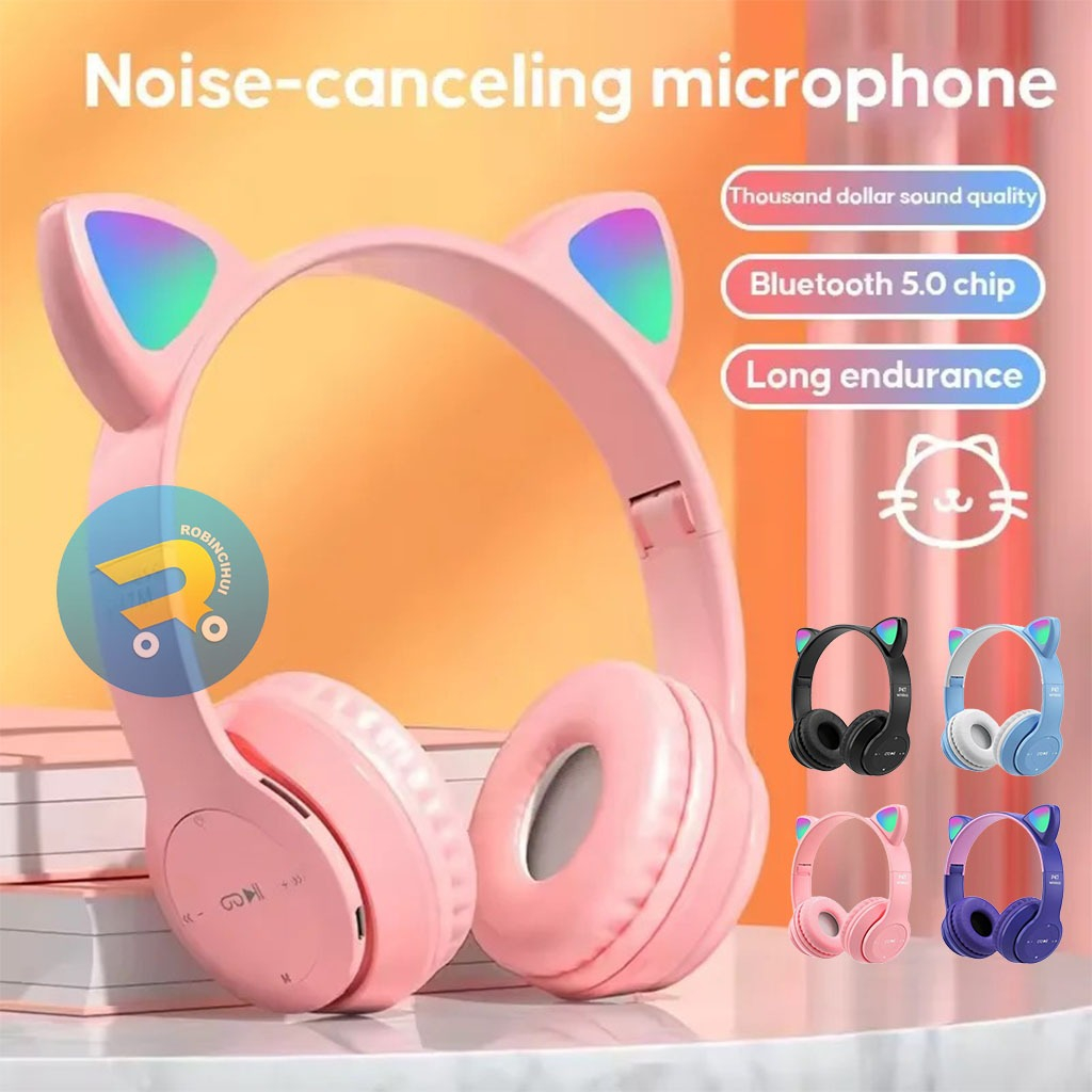 Headphone Kucing Bluetooth Gaming Headset P47m RGB Super Bass / Headphone Telinga Kucing Lucu / Head