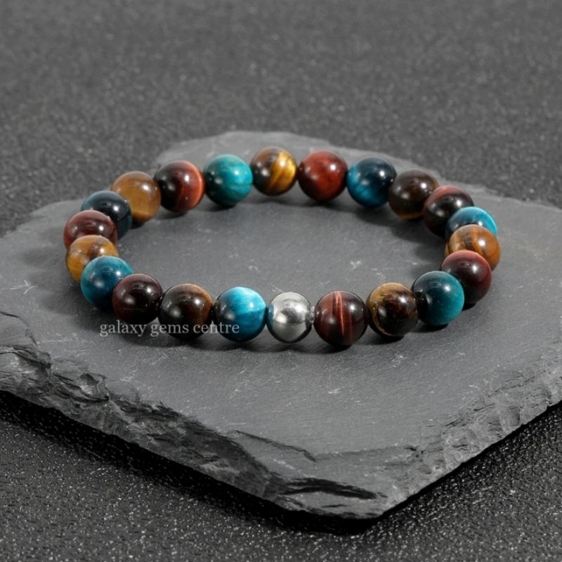Gelang Natural Yellow - Sky Blue - Red Tiger Eye Chakra Bracelet for Men and Women Attracts Wealth E