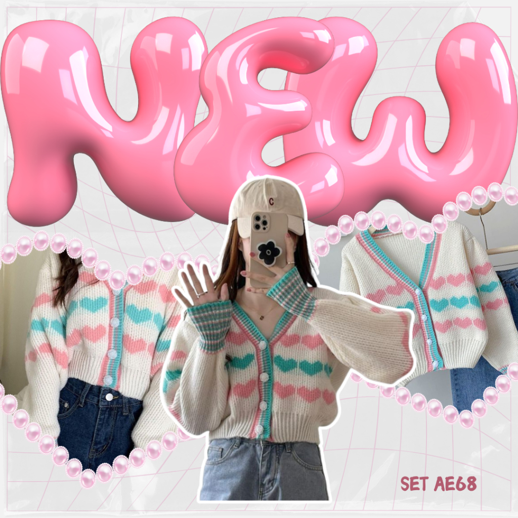 3 IN 1 One Set Hijab Korean Style Outfit Wanita Kekinian Outfit Pantai Cardigan Celana Pink - SET AE
