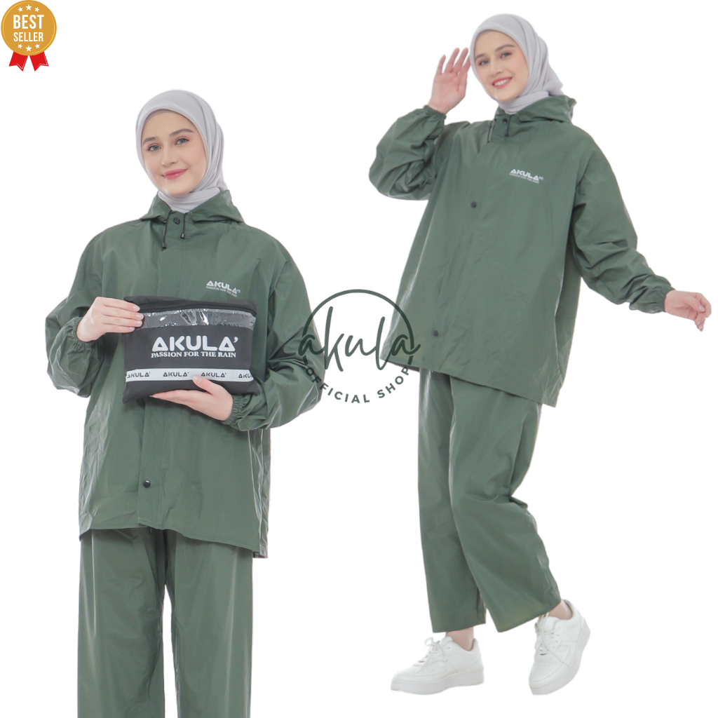 Jas Hujan, Raincoat Pria Wanita Setelan Celana Terbaik By AKULA Tebal dan Anti Rembes Hijau Army