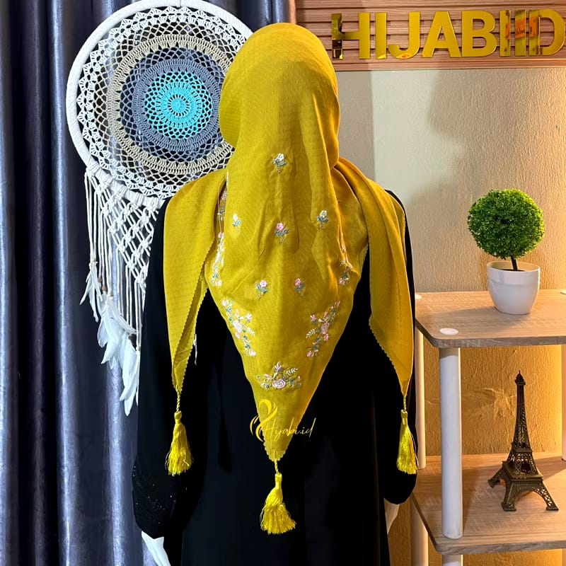 Hijab kerudung  segi empat tassel bordir motif bunga Tulip  / jilbab bordir bunga