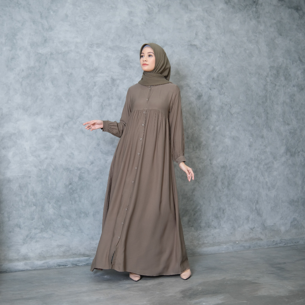 Gamis Full Kancing Rayon Twill Gamis Polos Premium Muslim Wanita Gamis Lengan Kancing