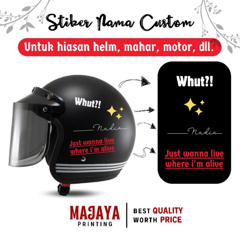 

Stiker Nama Custom Cutting Hiasan Helm Gitar Mahar Sepeda Motor Mobil Plat Motor