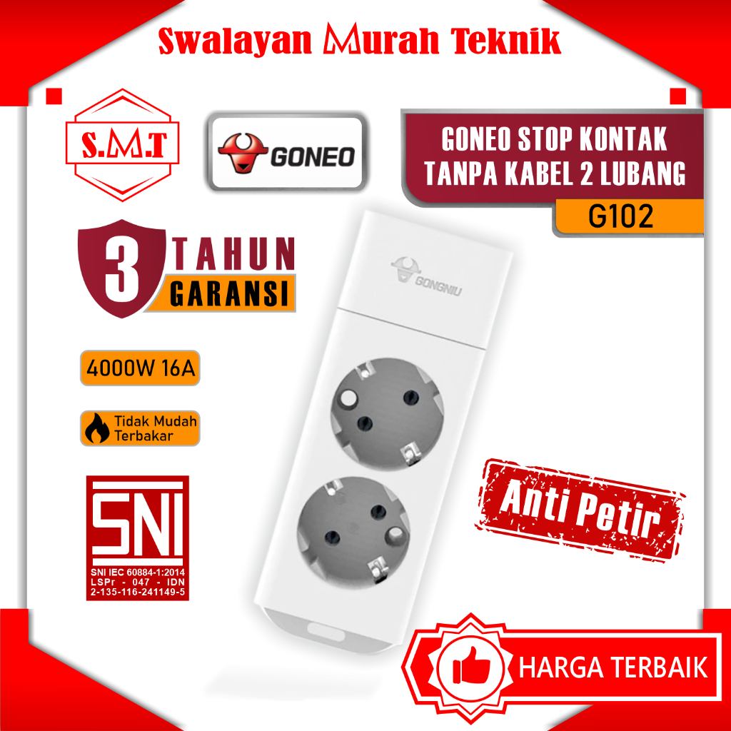 GONGNIU G102 Stop Kontak 2 Lubang GONEO Saklar Tanpa Kabel Anti Petir