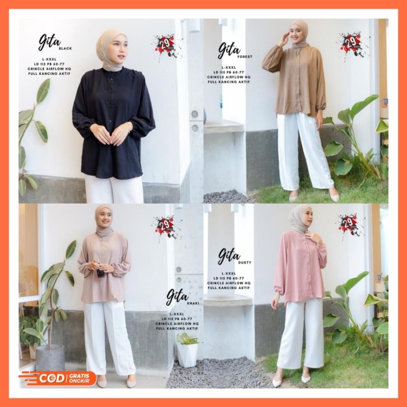 Gita Blouse Wanita Terbaru Crinkle Airflow HQ Polos Full Kancing Depan