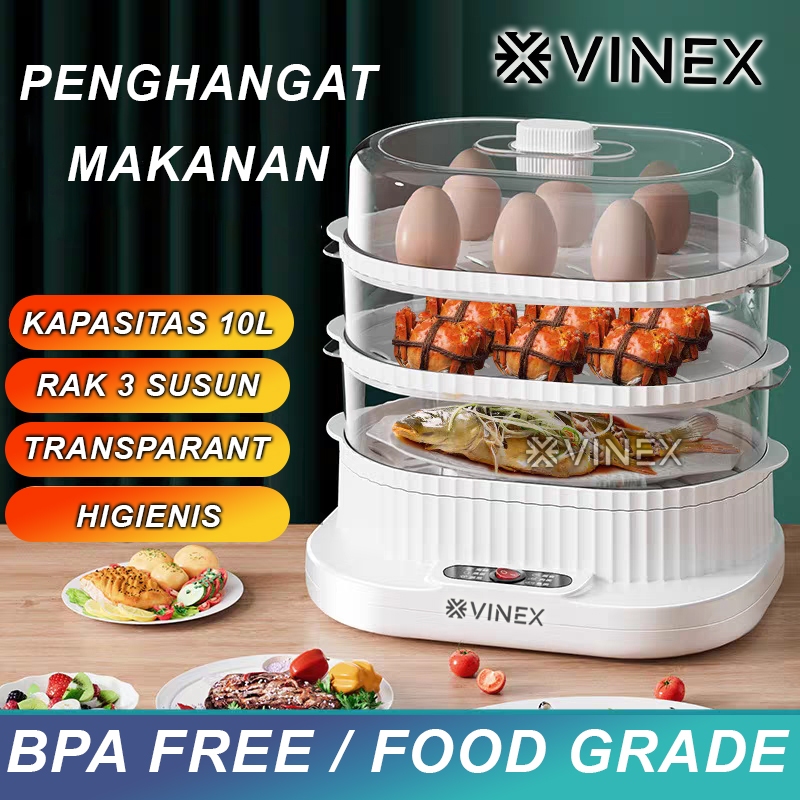 VINEX -  Food Electric Steamer Alat Kukus 10L Kukusan Listrik Multifungsi 3 Lapis Penghangat Makanan