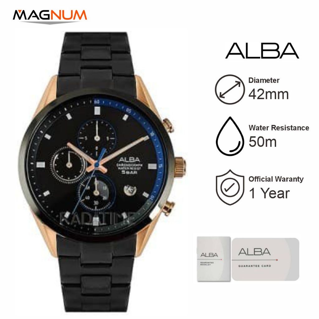 ALBA AM3588 Jam Tangan Pria Chronograph Black Gold Dial Black Stainless Steel Steel