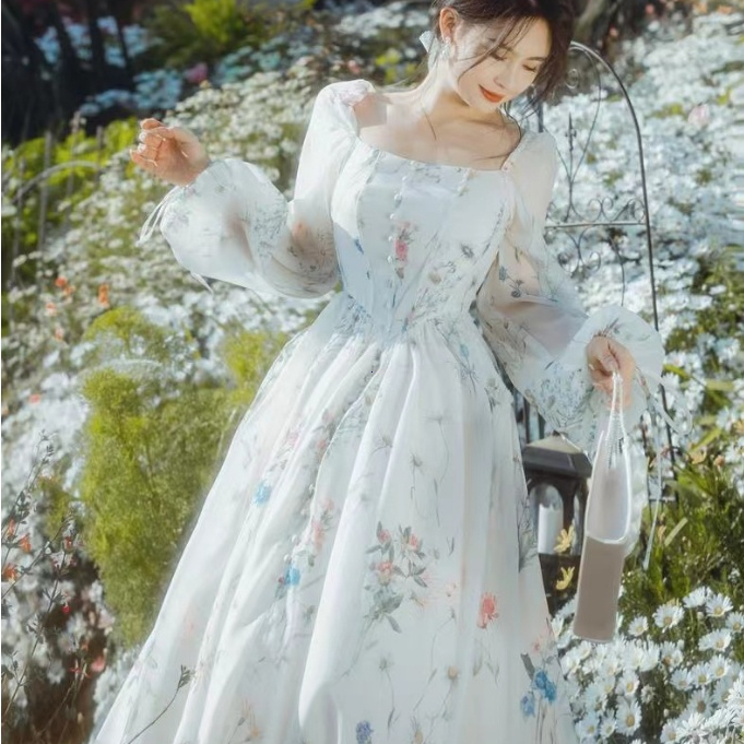 Dress Smile Long Dress Pesta French Square Neck Long Sleeve| Dress Putih Fairy  Floral Dress M649