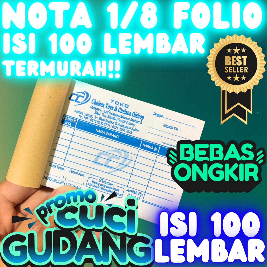 

Cetak Nota Custom Ukuran 1/8 Folio Gratis Desaign dan Logo Toko Isi 100 Lembar Per-Buku