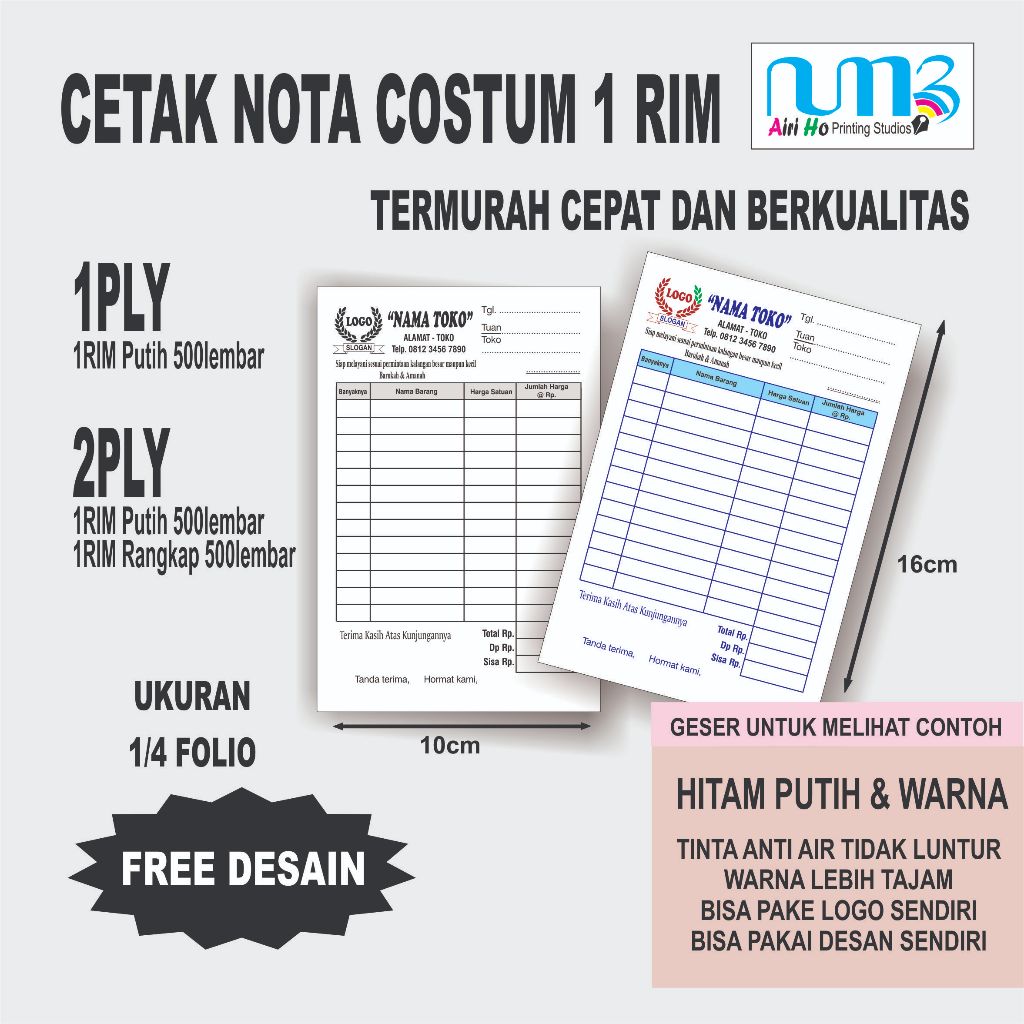 

CETAK NOTA / KWITANSI / BON NOTA / FAKTUR 1 Rim 2 Ply / RANGKAP TEMBUS / NOTA WARNA GRATIS DESAIN