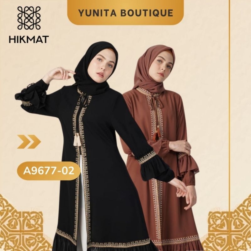Terbaru Abaya Hikmat A9677-02 Black (inner Gold)dan Brown (inner White)