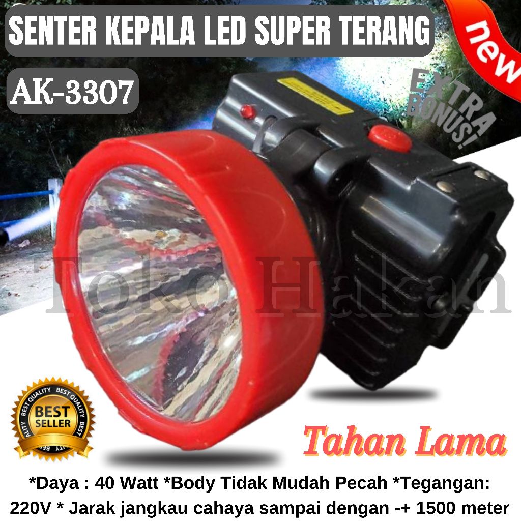 Senter Kepala AOKI AK-3307 Senter Kepala Tahan Hingga 15 Jam / Headlamp Murah Super Terang / Senter 