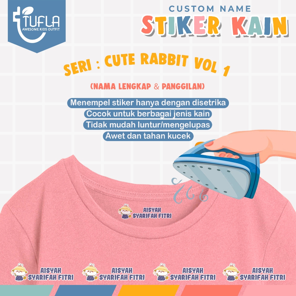 

[ISI 36-86pcs] Stiker Custom Nama Baju Dan Kain Anak Tinggal Setrika Untuk Label Seragam Sekolah Pesantren Asrama Ukuran A4 Karakter CUTE RABBIT VOL 1