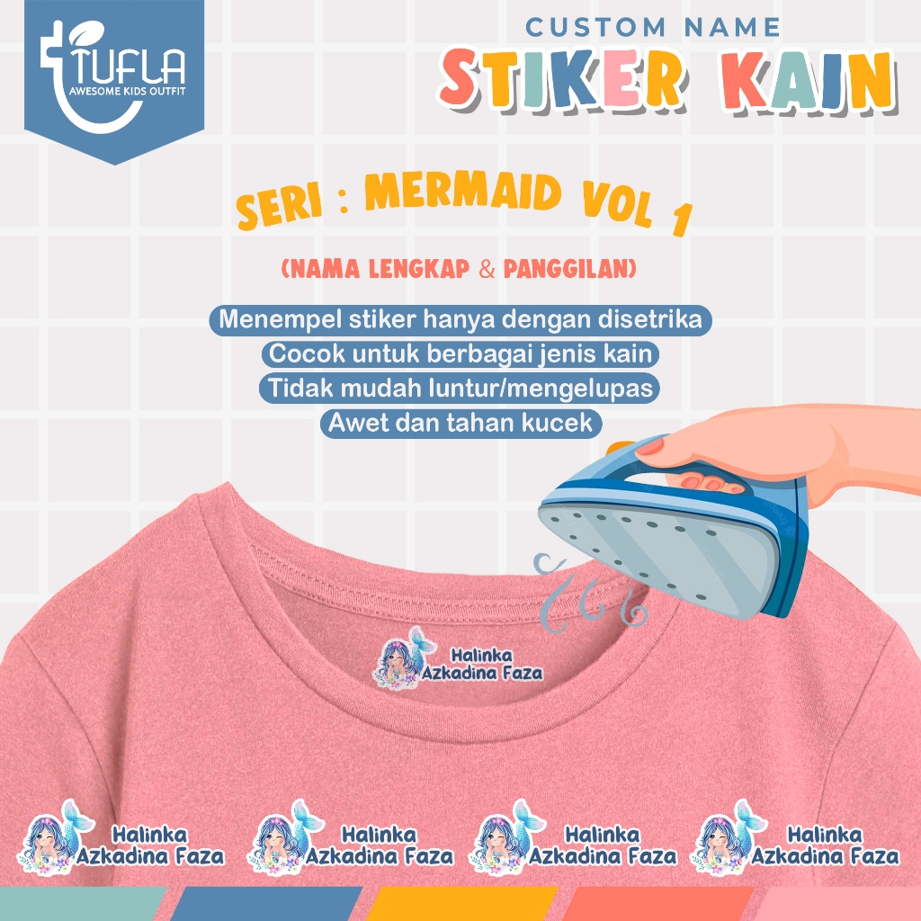 

[ISI 32-84pcs] Stiker Custom Nama Baju Dan Kain Anak Tinggal Setrika Untuk Label Seragam Sekolah Pesantren Asrama Ukuran A4 Karakter MERMAID VOL 1