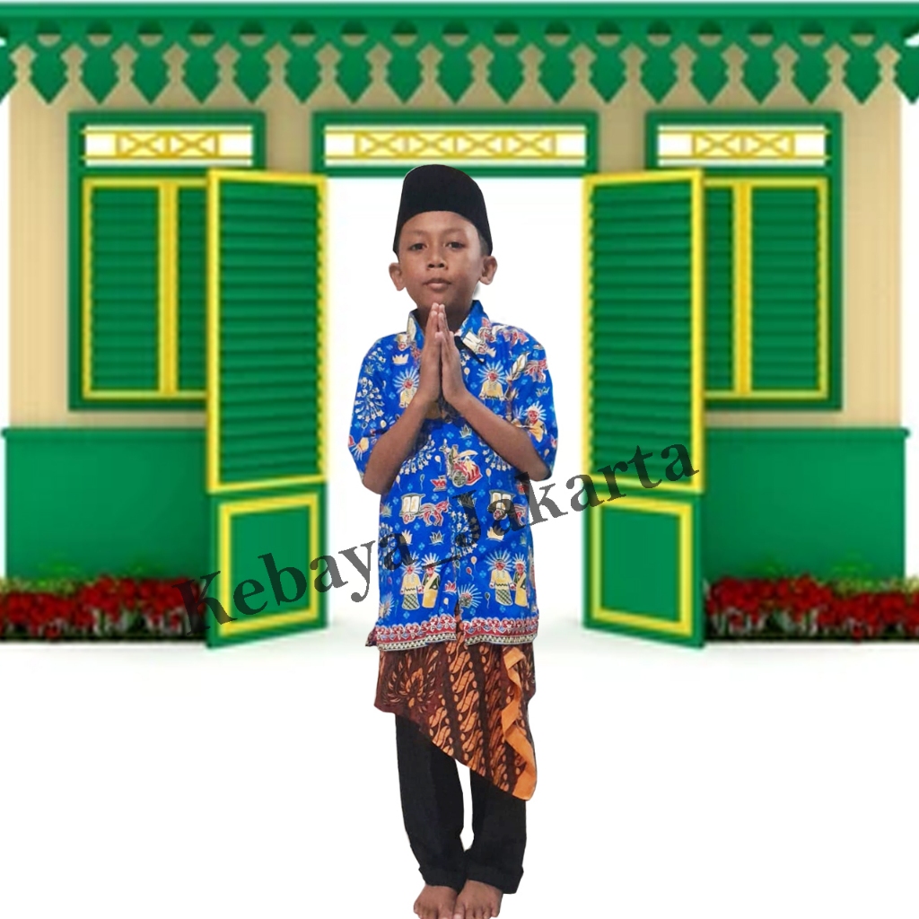 Kemeja Batik Motif Anak Ondel Ondel Betawi Lengan Pendek Untuk TK SD Usia 6 12 Tahun Merah Biru
