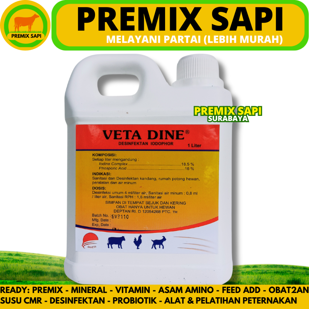 VETA DINE 1 LITER - Desinfektan Iodine untuk Kandang Rumah Potong Hewan dan Peralatan Peternakan - L