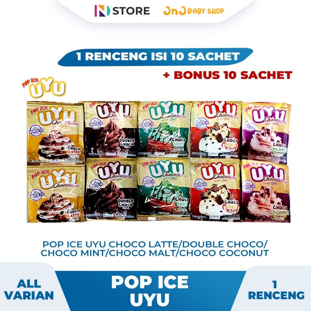 

POP ICE UYU CHOCO LATTE/CHOCO MALT/CHOCO COCONUT/DOUBLE CHOCO 1 RENCENG ISI 10 PCS BONUS 10 PCS