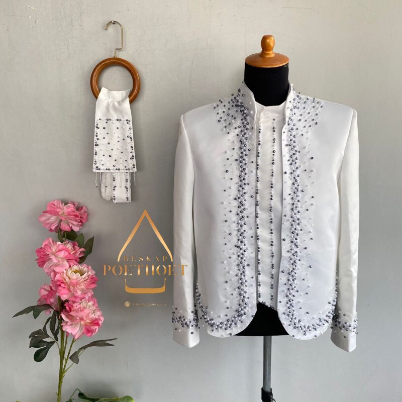 Jas beskap pengantin Jawa solo hewes akad nikah putih payet simple elegan premium