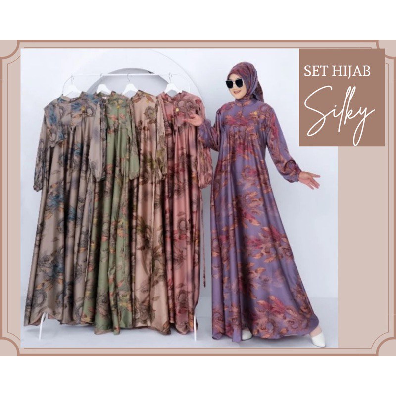 SET HIJAB SILK ARMANI || GAMIS ARMANI SILKY MOTIF || GAMIS SUTRA MOTIF || DRESS ARMANI SILKY