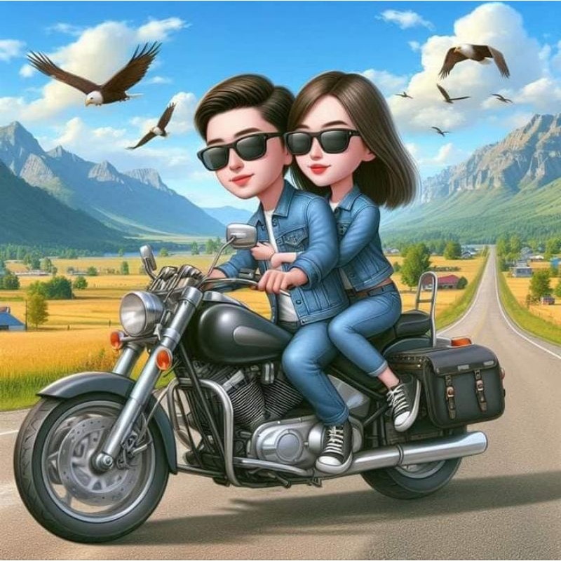 Jasa Edit Karikatur Digital Pasangan di Motor