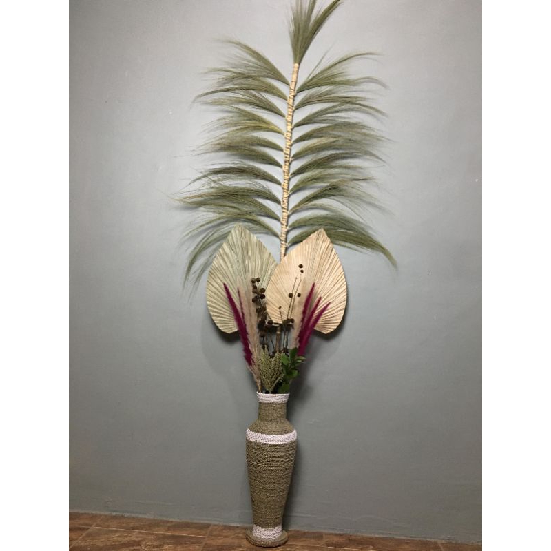paket bunga kering 2 daun palem dan pot,sudut ruangan aesthetic