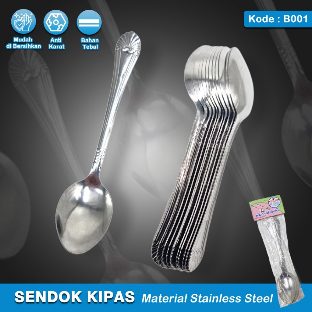 1 LUSIN SENDOK MAKAN TEBAL SENDOK MAKAN STAINLESS TEBAL KIPAS UKIR