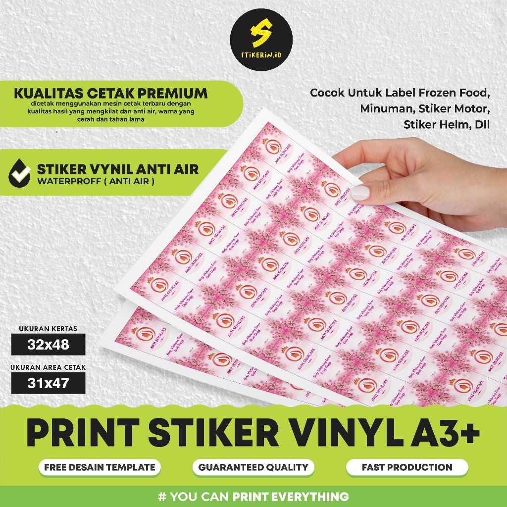 

CETAK STIKER VINYL A3+ / STIKER ANTI AIR / STIKER GLOSY / TRANSPARAN