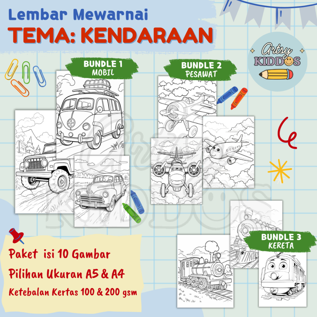 

10 Kertas Mewarnai / Coloring / Kertas Gambar / Tema Kendaraan / Mobil / Anak TK/ PAUD/ Preschool / Activity Book / Anak Kreatif